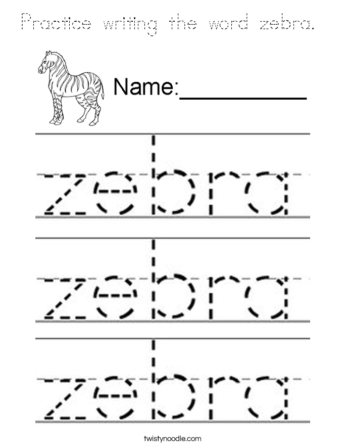 Practice writing the word zebra.  Coloring Page