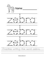 Practice writing the word zebra  Handwriting Sheet