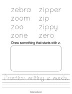 Practice writing z words Handwriting Sheet
