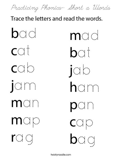 Practicing Phonics- Short a Words Coloring Page