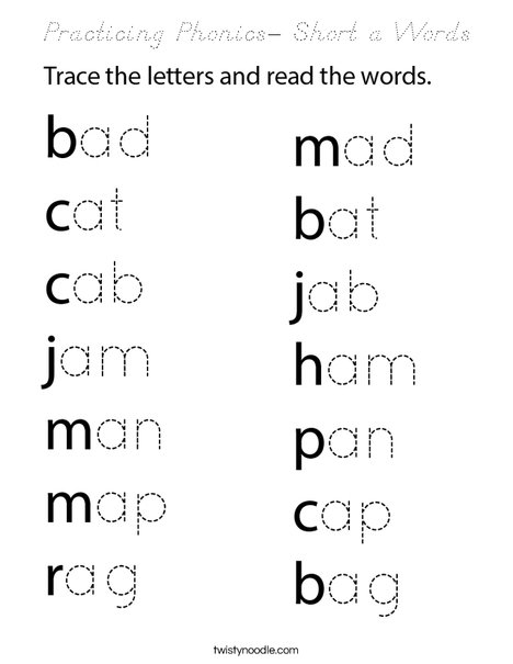 Practicing Phonics- Short a Words Coloring Page