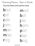 Practicing Phonics- Short a Words Coloring Page
