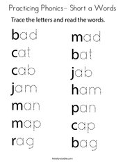 Practicing Phonics- Short a Words Coloring Page