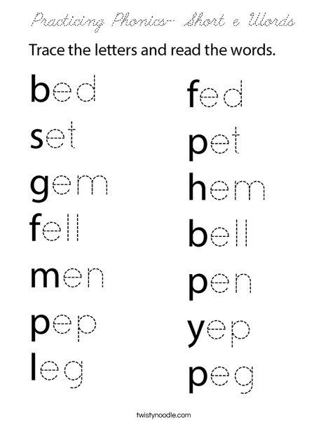 Practicing Phonics- Short e Words Coloring Page