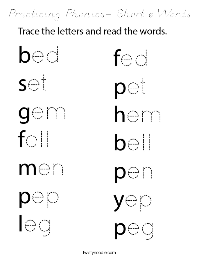 Practicing Phonics- Short e Words Coloring Page