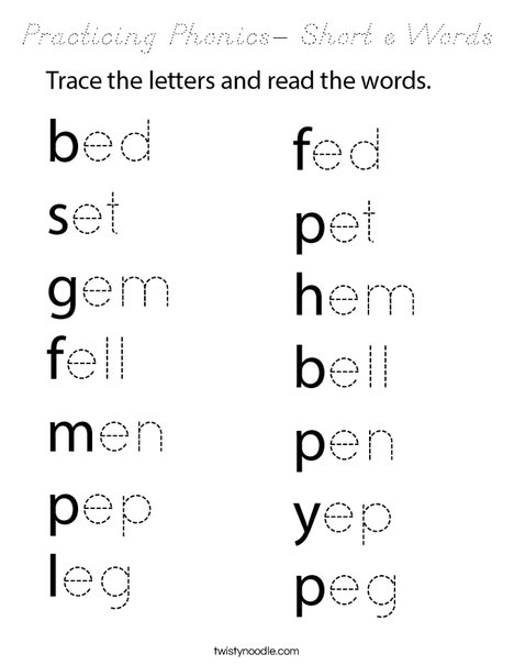 Practicing Phonics- Short e Words Coloring Page