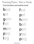 Practicing Phonics- Short e Words Coloring Page