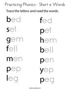 Practicing Phonics- Short e Words Coloring Page