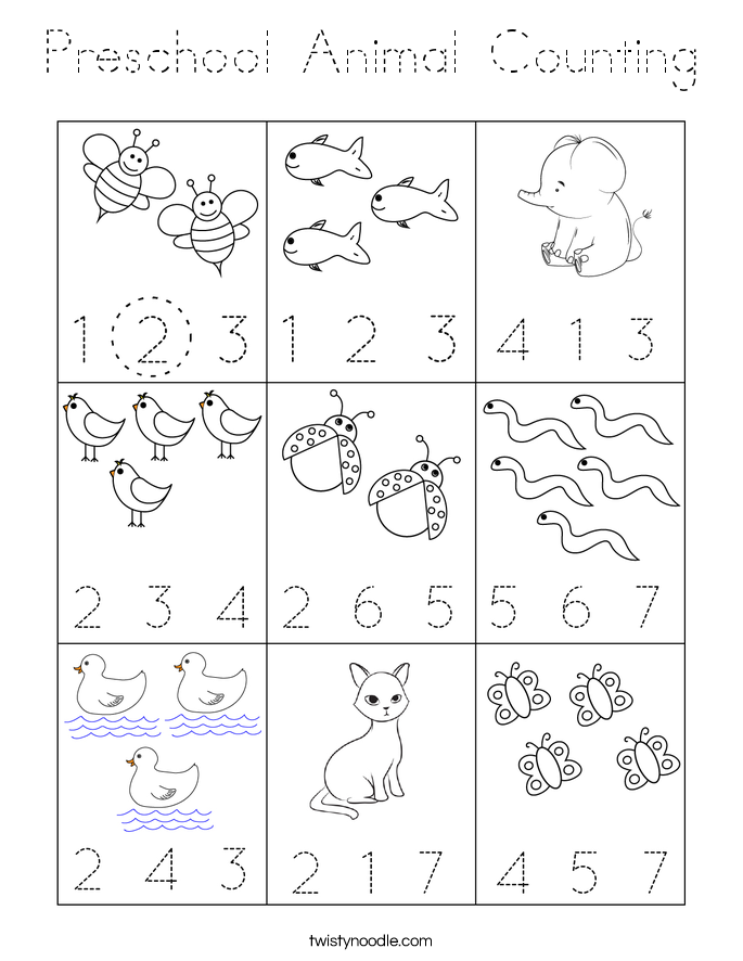 Preschool Animal Counting Coloring Page