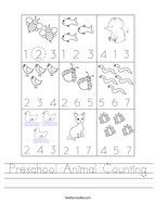 Preschool Animal Counting Handwriting Sheet