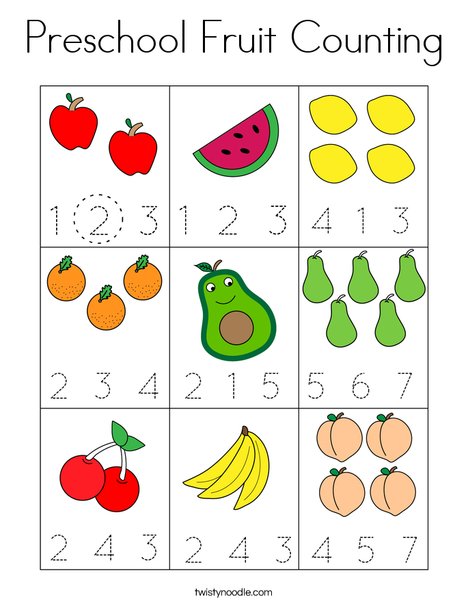 Preschool Fruit Counting Coloring Page