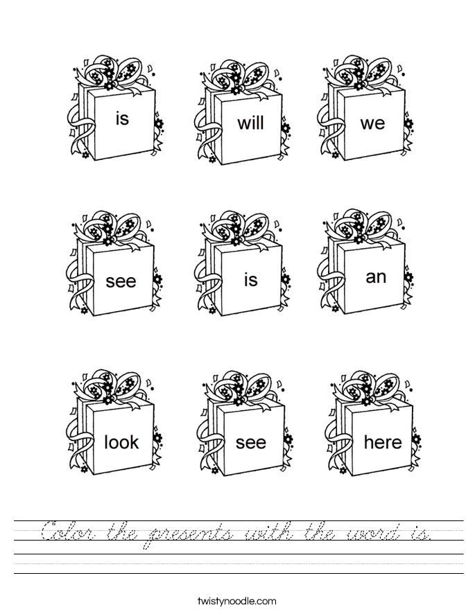 Color the presents with the word is. Worksheet