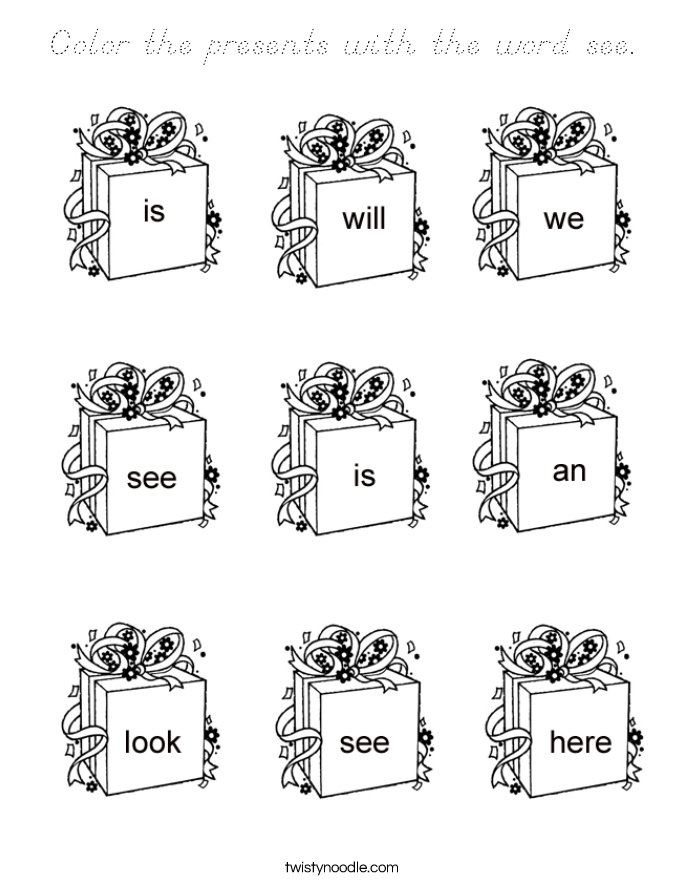 Color the presents with the word see. Coloring Page