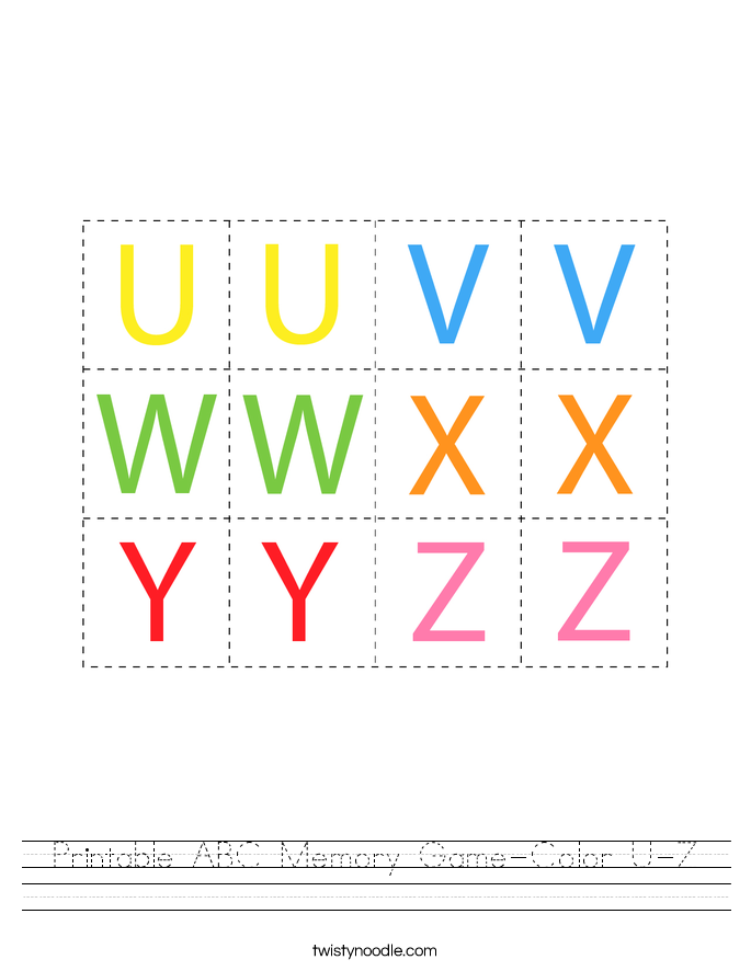 Printable ABC Memory Game-Color U-Z Worksheet