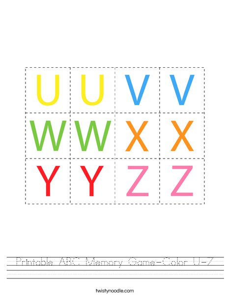 Printable ABC Memory Game- Color U-Z Worksheet