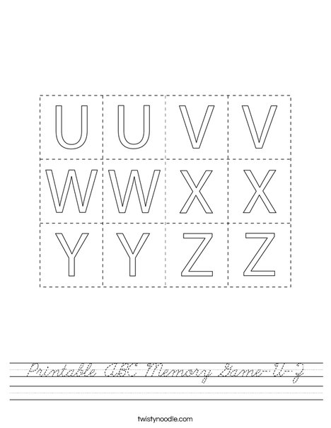 Printable ABC Memory Game- U-Z Worksheet