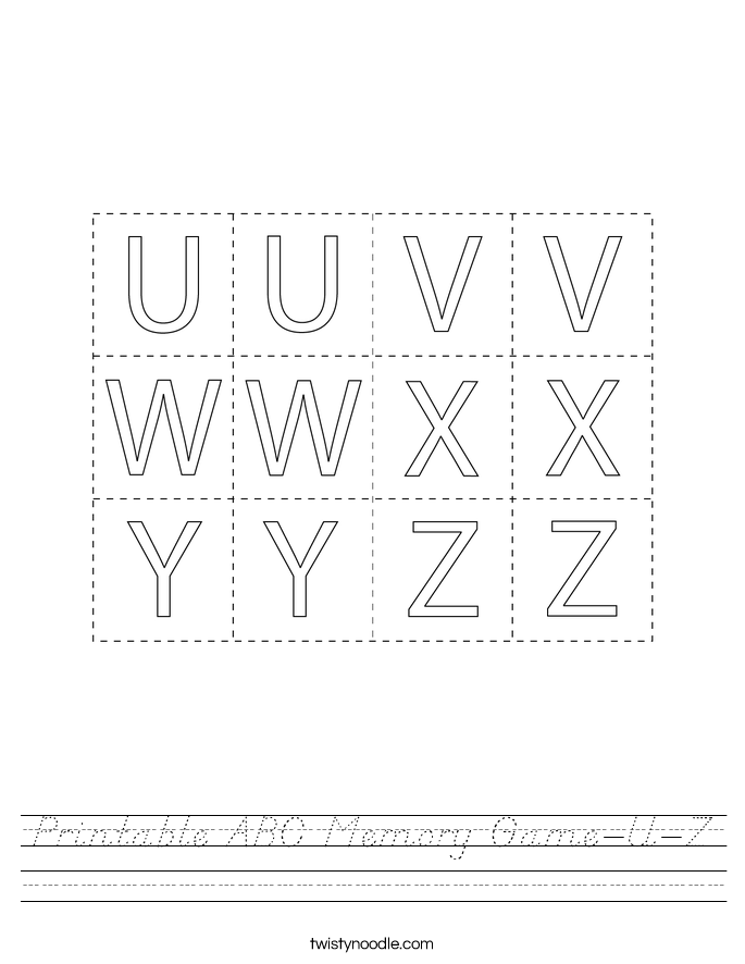 Printable ABC Memory Game-U-Z Worksheet
