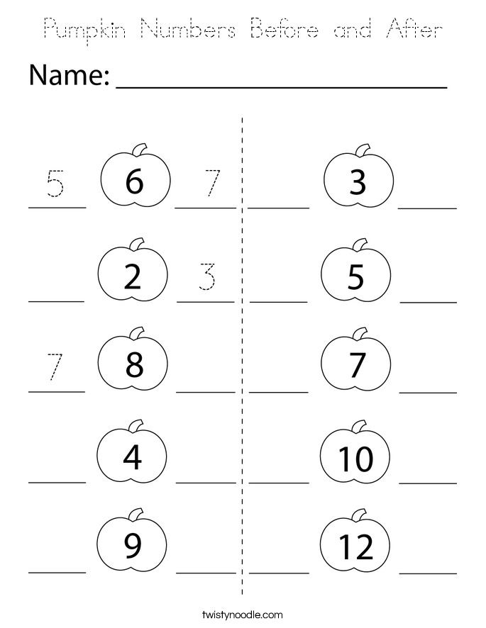 Pumpkin Numbers Before and After Coloring Page