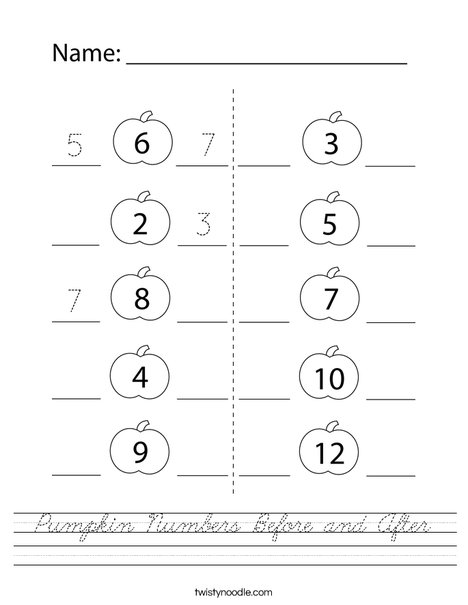 Pumpkin Numbers Before and After Worksheet