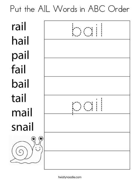 Put the AIL Words in ABC Order Coloring Page
