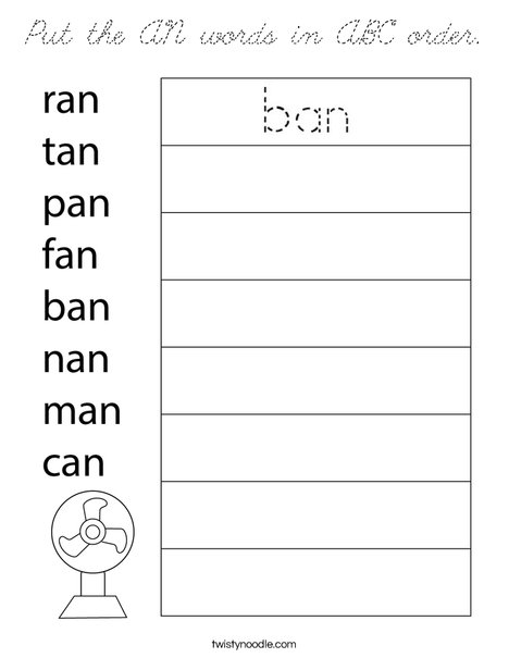 Put the AN words is ABC order. Coloring Page