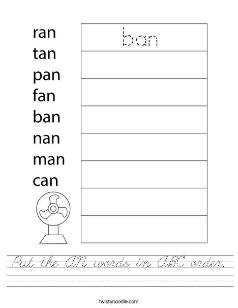 Put the AN words is ABC order. Worksheet