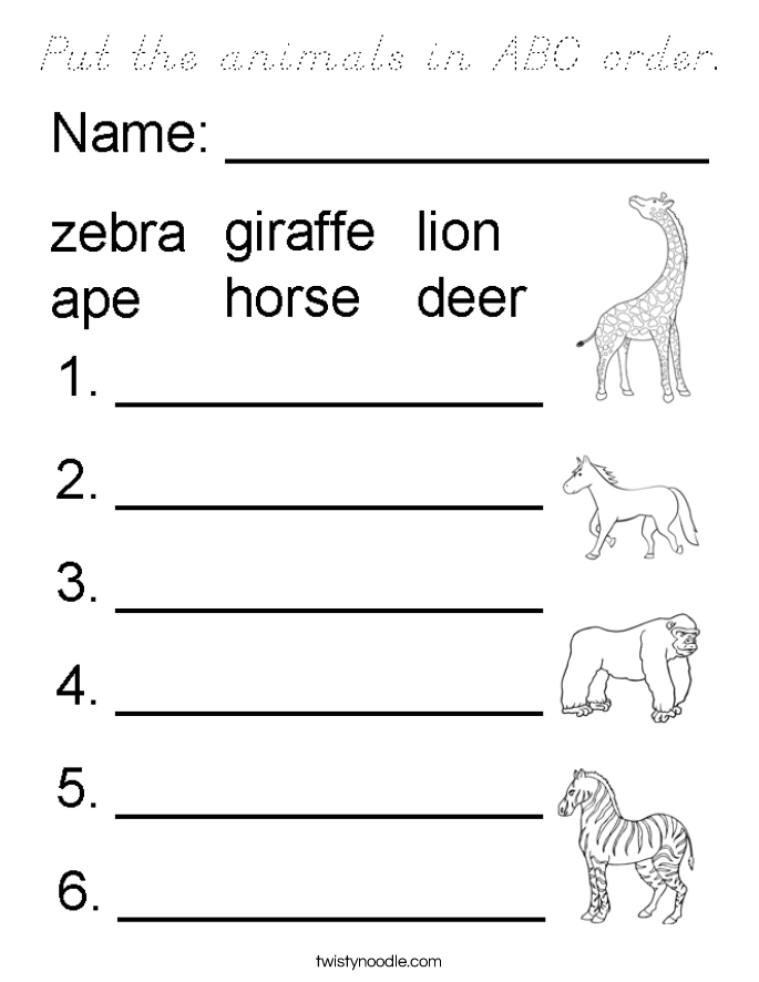Put the animals in ABC order. Coloring Page