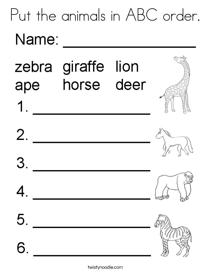 Put the animals in ABC order. Coloring Page