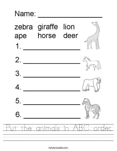 Put the animals in ABC order Worksheet Twisty Noodle