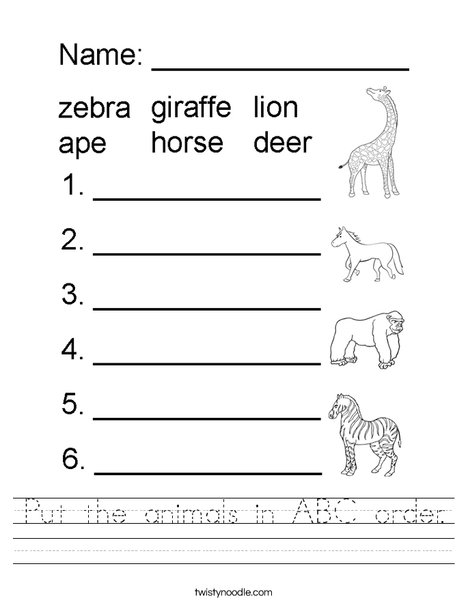 Put the animals in ABC order. Worksheet