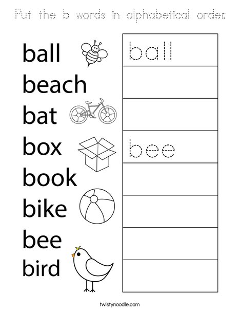 Put the b words in alphabetical order. Coloring Page