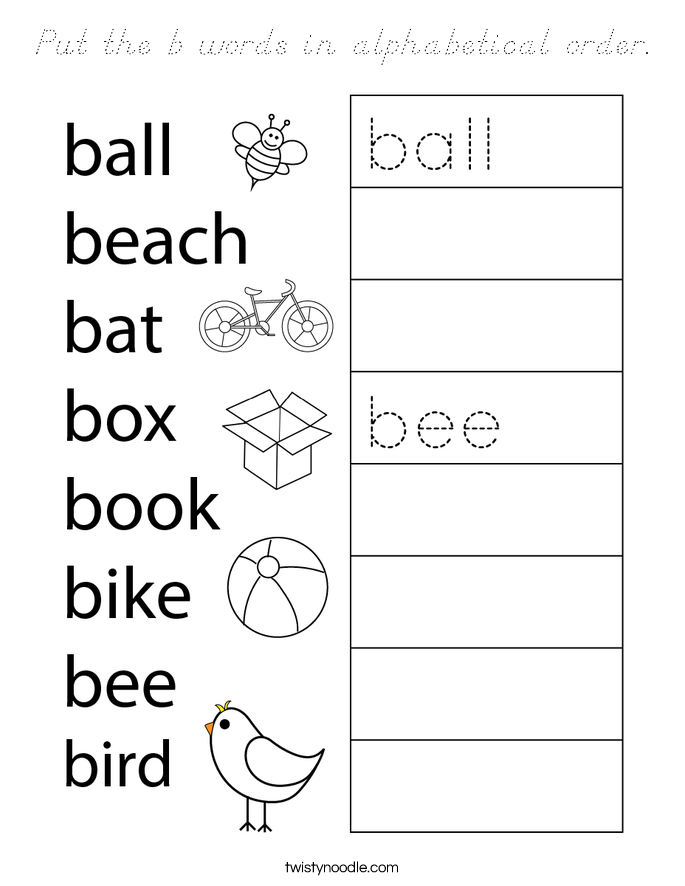 Put the b words in alphabetical order. Coloring Page