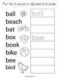 Put the b words in alphabetical order Coloring Page
