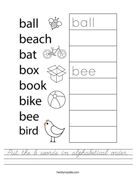 Put the b words in alphabetical order. Worksheet