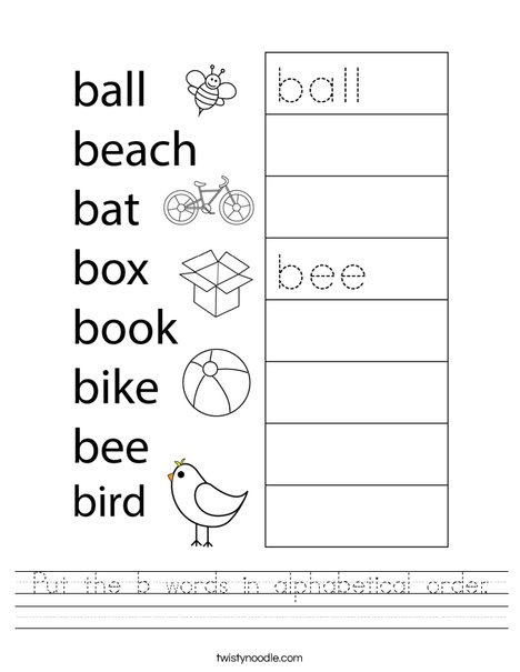 Put the b words in alphabetical order. Worksheet