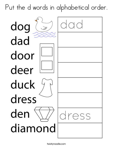 Put the d words in alphabetical order. Coloring Page