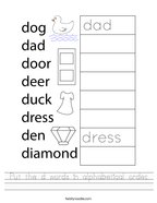 Put the d words in alphabetical order Handwriting Sheet