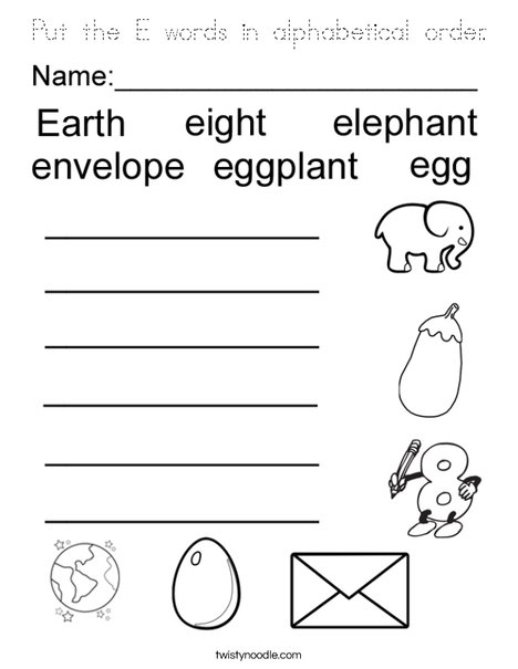 Put the E words is ABC Order Coloring Page