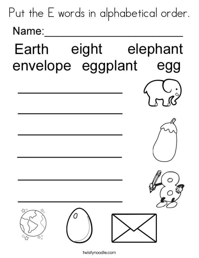 Put the E words in alphabetical order. Coloring Page