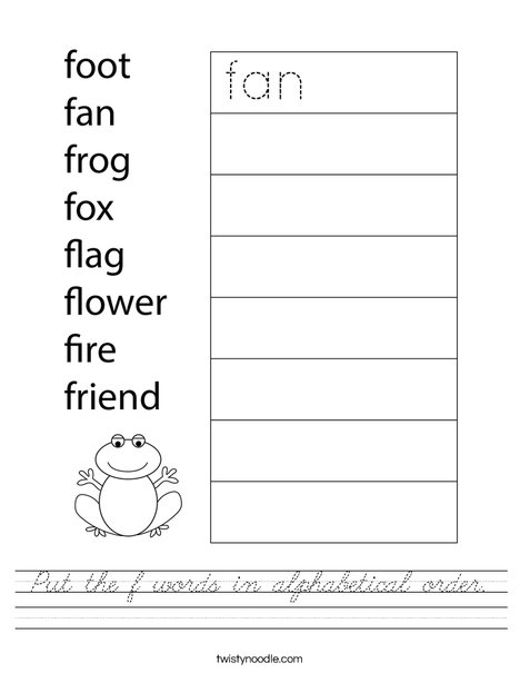 Put the f words in alphabetical order. Worksheet