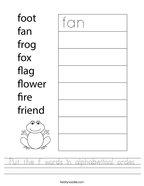 Put the f words in alphabetical order Handwriting Sheet