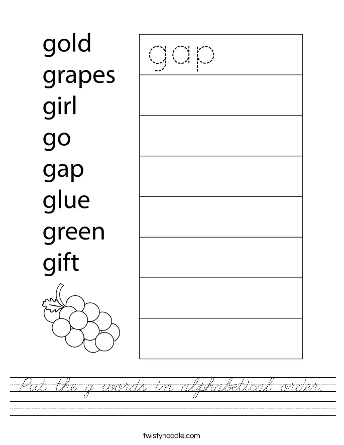 Put the g words in alphabetical order. Worksheet