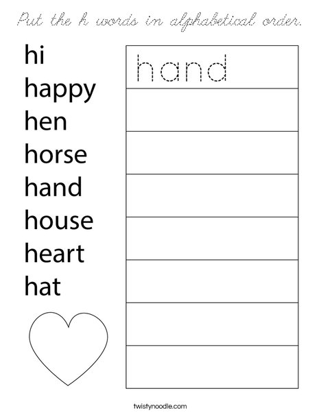 Put the h words in alphabetical order. Coloring Page