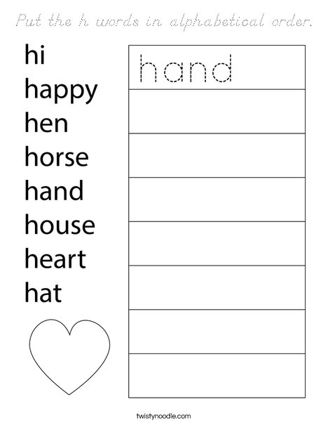 Put the h words in alphabetical order. Coloring Page