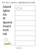 Put the i words in alphabetical order Coloring Page