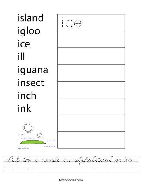 Put the i words in alphabetical order. Worksheet