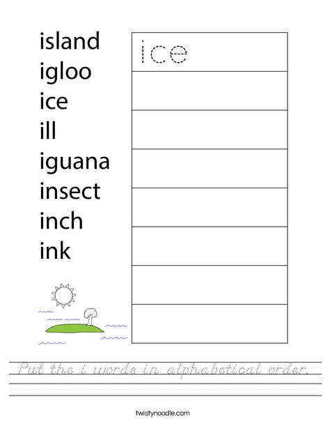 Put the i words in alphabetical order. Worksheet