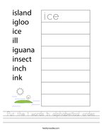 Put the i words in alphabetical order Handwriting Sheet