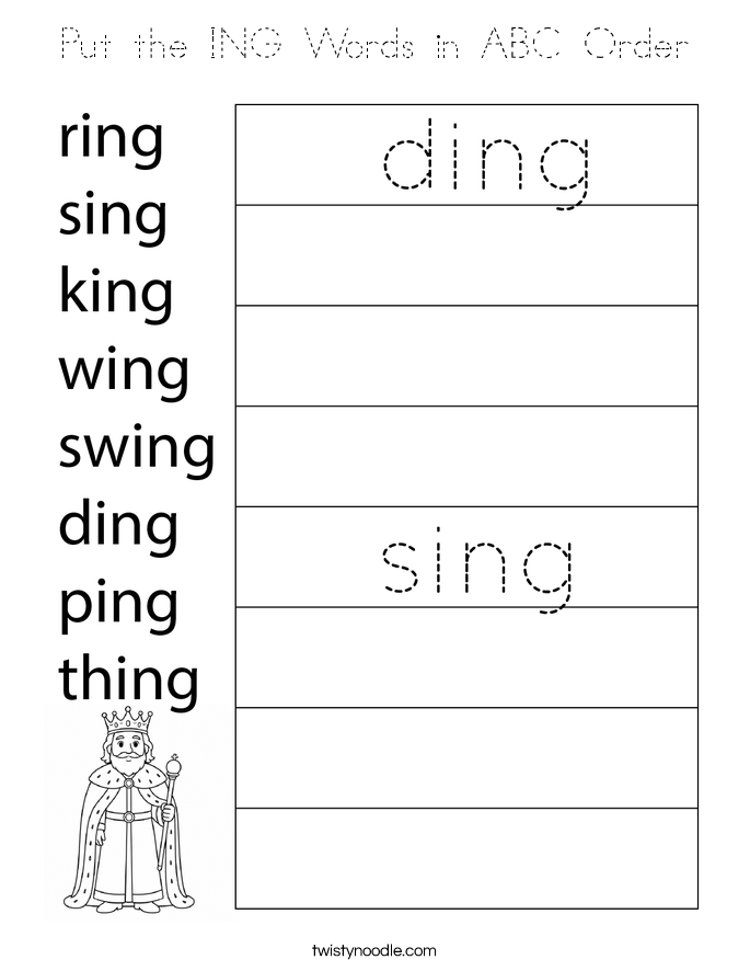 Put the ING Words in ABC Order Coloring Page
