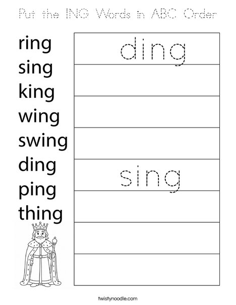 Put the ING Words in ABC Order Coloring Page